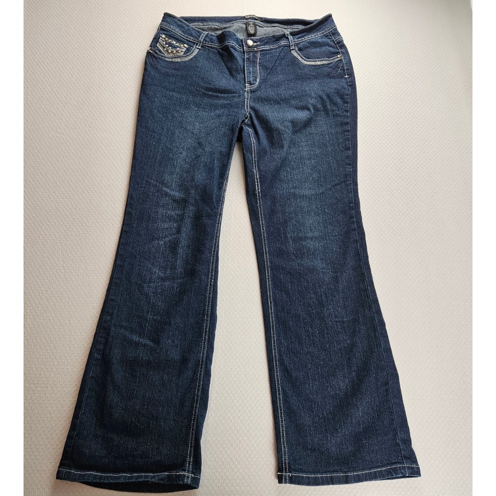 Women 16 Dark Wash Embellished Bootcut Flare Jeans Studded Rhinestone Y2K